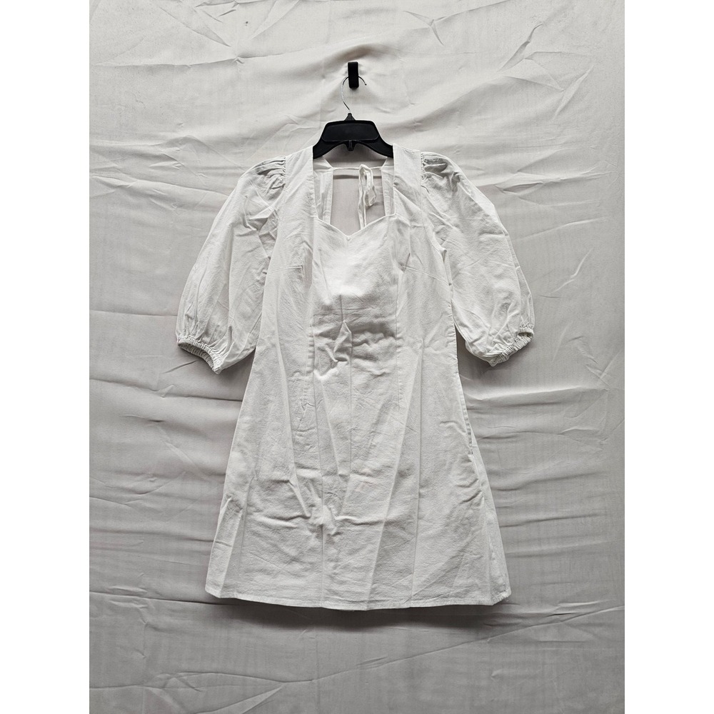 A New Day White Cotton Linen‎ Puff Sleeve Open Back Mini Dress Small VN1989150